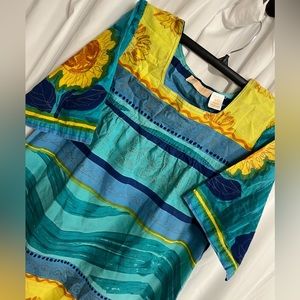 Vintage La Cera Patio Dress Womens M Aqua Yellow Boho Lounger House Muumuu